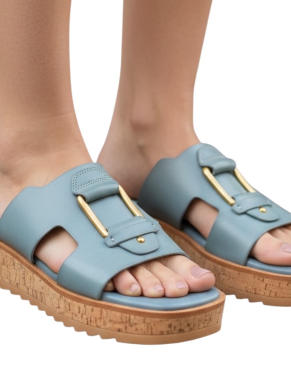 Franco Sarto Platform Slide Sandals Sz 8 Gray Leather Cork Sole 2” Heel Comfort - Picture 3 of 11
